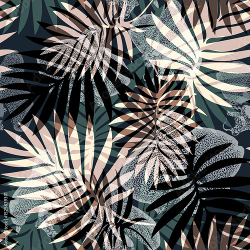 Dark green brown axotic seamless pattern with tropical leaves and shadow. Floral illustration for bedding, home textile, fabric, home textile, package. Rapport illustration.