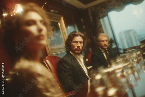cinematic image, Business Meeting in Elegant blurred Office with Three Professionals at Table