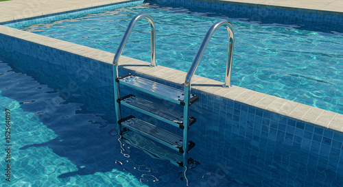 Swimming pool with ladder and clear blue water under the bright sunlight and tiles