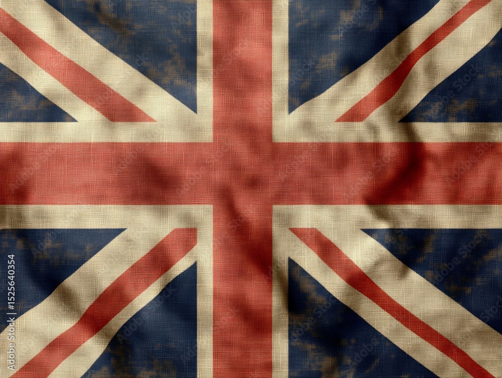 Fototapeta premium The Union Jack, a woven fabric symbol of Great Britain's national pride and heritage, featuring vintage red, white, and blue colors with intricate detailing.