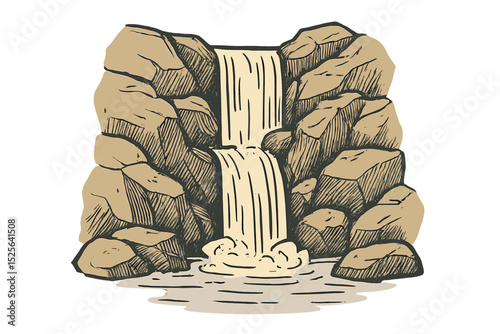 A hand-drawn vector illustration of a landscape with a waterfall, isolated on a white background with rocks forming a cascade