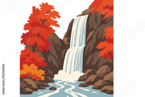 The rocky cliff is home to a stunning waterfall and creek, set amidst a backdrop of autumn's colorful red foliage