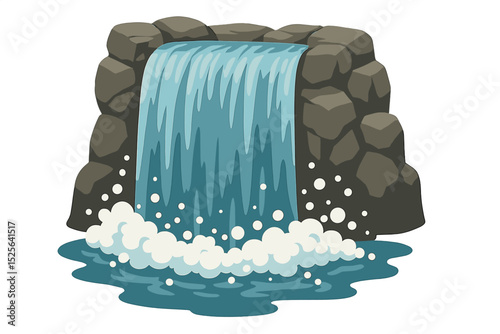This vector graphic depicts a realistic waterfall with clear water, stone, and bubbles, serving as a natural element in design landscape images, isolated on a transparent background