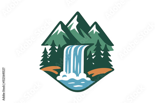 A beautiful mountain waterfall serves as the basis for this logo design vector illustration
