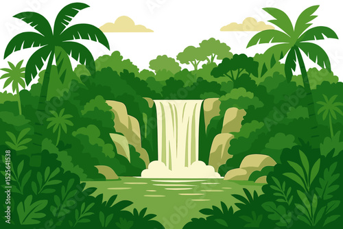 A beautiful waterfall in a tropical jungle landscape is depicted in a vector illustration, surrounded by trees, rocks, and sky, with green palm wood, wild nature, and bush foliage rendered in a flat