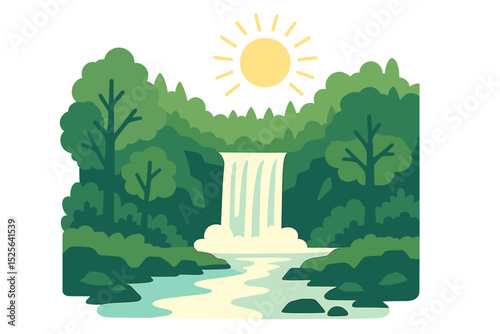 In the forest, a gorgeous waterfall cascades, while a river flows and the sun shines brightly