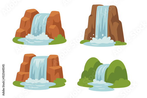 A cartoon waterfall set is depicted in a vector flat illustration with natural water flowing down a mountain cliff into a river cascade