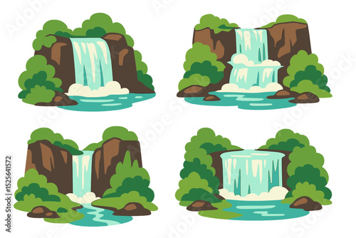 Beautiful landscapes of waterfalls, created in a cartoonish vector style