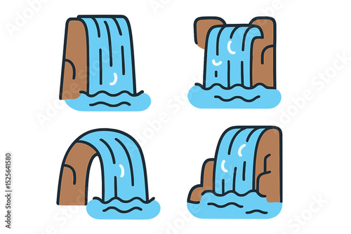 A vector outline set icon for river cascade and waterfall isolated outline set icon are available on a white background as vector illustrations