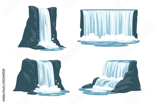 Realistic vector cascade waterfall set isolated on transparent background, representing mountain waterfalls, park streams, or liquid drops, similar to Victoria and Niagara, showcasing natural scenery