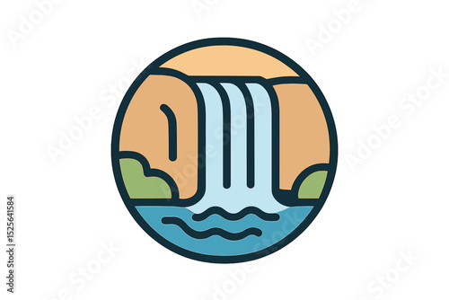 Minimalist line art illustration of a waterfall enclosed in a circular template for design purposes