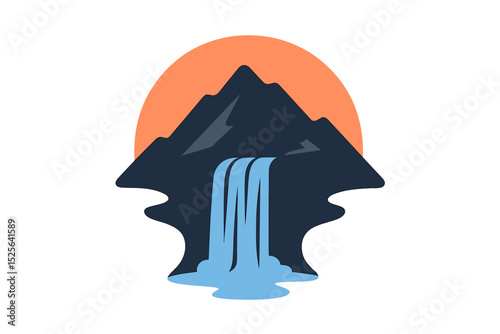 A silhouette vector illustration of a waterfall under a mountain is used for logo icon design