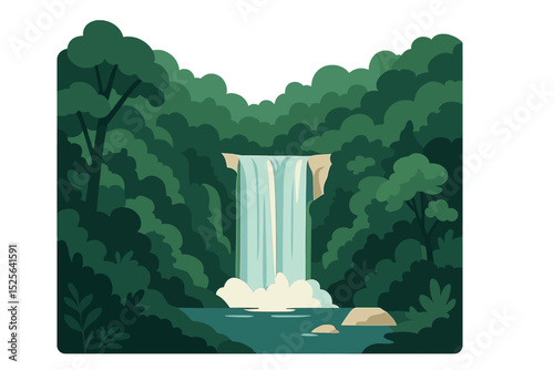 A beautiful waterfall nestled deep inside a lush and thriving forest, shown in a vector flat minimalistic isolated illustration