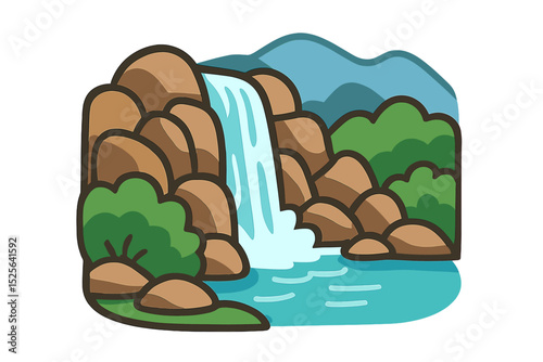 A vector illustration depicts a waterfall, with a river stream flowing over rocks and into a mountain lake, surrounded by stones and bushes in a park or jungle setting