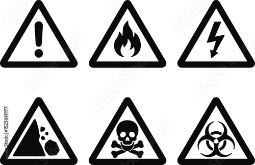 Six black and white triangular warning signs indicating various hazards, providing essential safety information