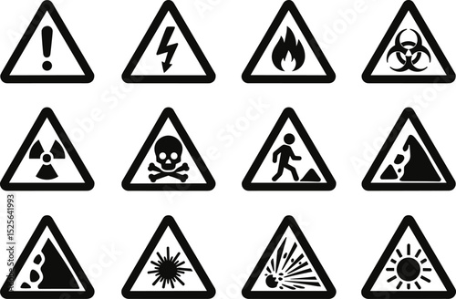 Set of triangular warning signs showing different hazards