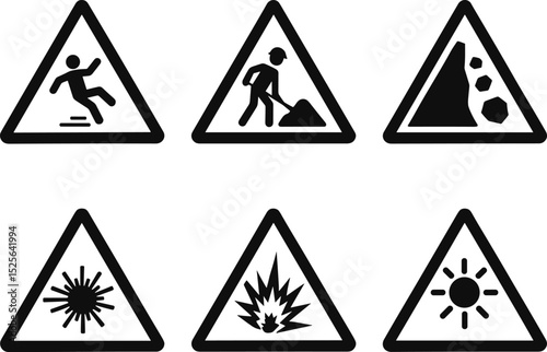 Warning signs showing different dangers like falling, explosion, and laser beam