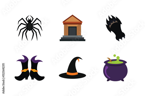 Halloween spider tomb claw witch hat boots cauldron flat icons set Vector illustration