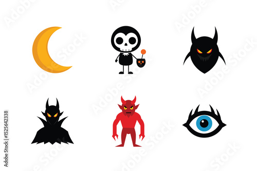 Halloween moon skeleton evil demon red devil blue eye scary icons Vector illustration