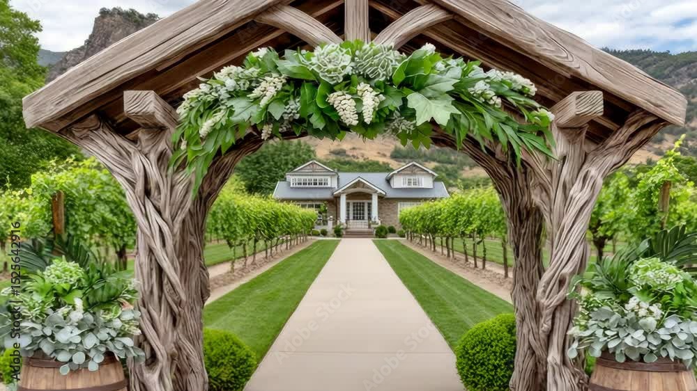 Elegant rustic floral arch outdoor setting stock video Elegant rustic floral arch outdoor setting stock video