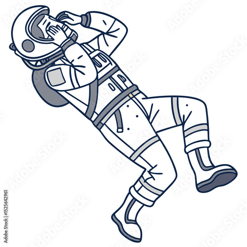 Illustrated Astronaut Floating with Zero-Gravity Sickness and Dizziness Inside Spacecraft. Perfect for: World Space Week, International Day of Human Space Flight, science museums