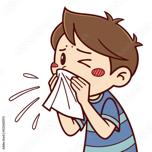 Illustrated Boy Sneezing with Red Nose and Handkerchief. Perfect for: World Health Day, flu season awareness campaigns, schools