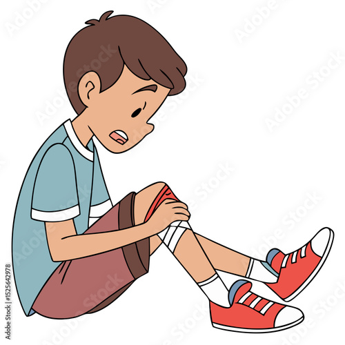 Illustrated Boy with Twisted Ankle Sitting in Pain. Perfect for: World First Aid Day, school safety posters, children's health events