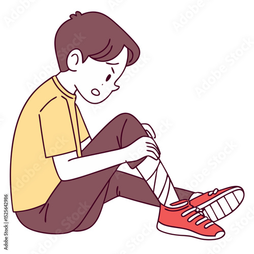 Illustrated Boy with Twisted Ankle Sitting in Pain. Perfect for: World First Aid Day, school safety posters, children's health events