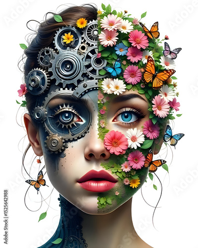 A Split-Face Portrait: One Half Mechanical Gears, the Other Half Nature with Flowers and Butterflies, Symbolizing Logic and Emotion