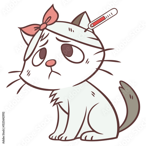 Illustrated Sick Cat with Cold and Thermometer on Head. Perfect for: World Veterinary Day, pet health awareness, cold season promotions