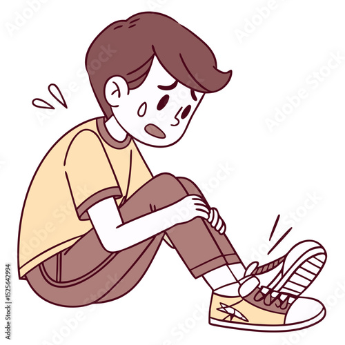 Illustrated Boy with Twisted Ankle Sitting in Pain. Perfect for: World First Aid Day, school safety posters, children's health events
