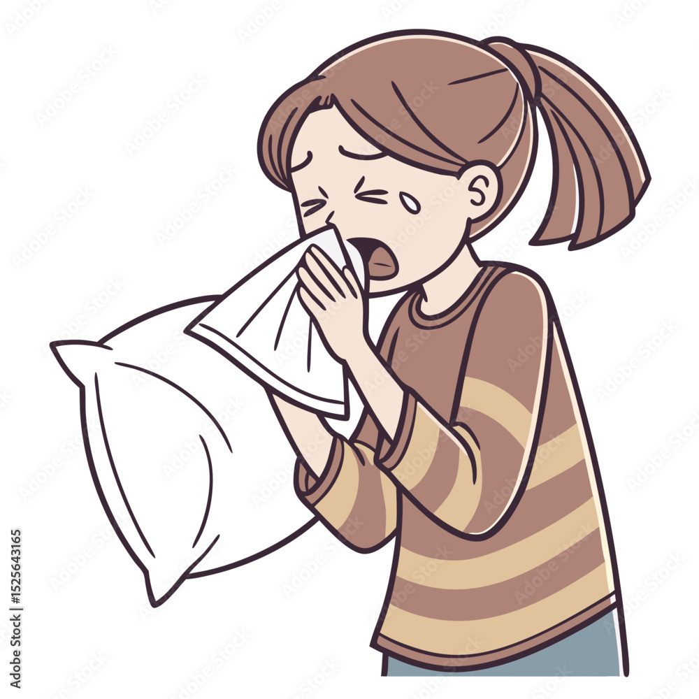 Fototapeta premium Sneezing Girl Holding Pillow and Tissues. Perfect for: Bedtime sickness awareness, allergy season