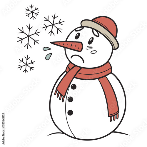 Illustrated Snowman with Cold Symptoms, Wearing Scarf and Runny Nose. Perfect for: Christmas season, winter health campaigns, children's events