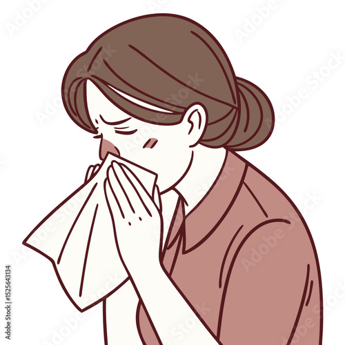Illustrated Woman Sneezing from Allergy with Itchy Nose. Perfect for: World Allergy Week, seasonal health campaigns, health education