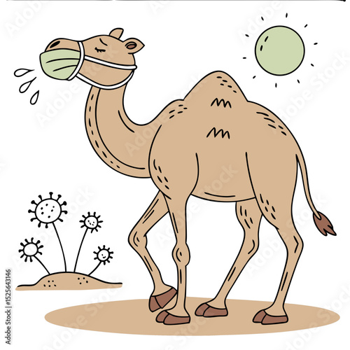 Sneezing Camel with Dust Allergy Wearing Face Mask. Perfect for: World Allergy Week, desert health awareness