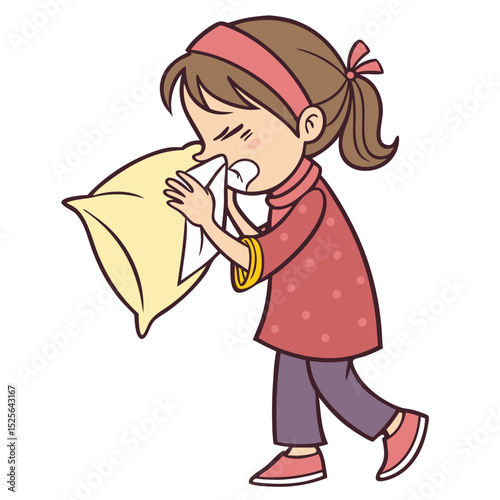 Sneezing Girl Holding Pillow and Tissues. Perfect for: Bedtime sickness awareness, allergy season