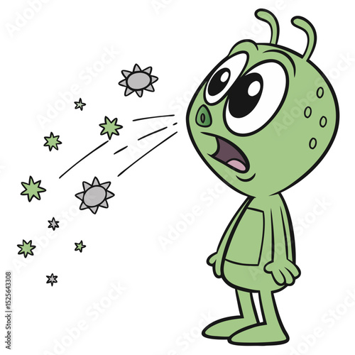 Sneezing Alien with Tiny Meteors. Perfect for: Sci-fi festivals, allergy awareness with humor