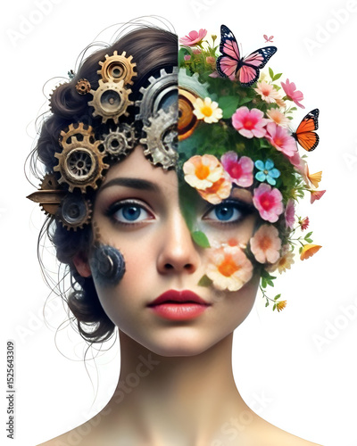 A Split-Face Portrait: One Half Mechanical Gears, the Other Half Nature with Flowers and Butterflies, Symbolizing Logic and Emotion
