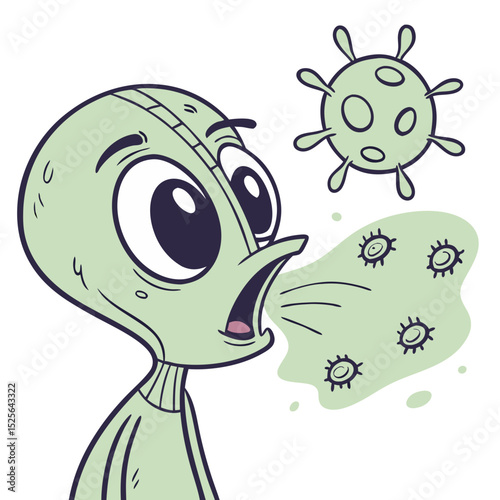 Sneezing Alien with Tiny Meteors. Perfect for: Sci-fi festivals, allergy awareness with humor