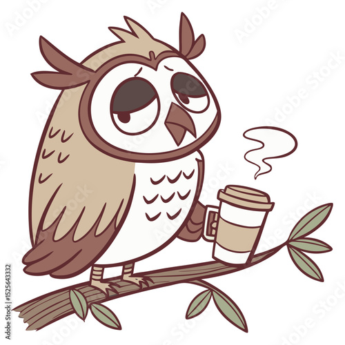 Sleep-Deprived Owl with Coffee and Dark Circles. Perfect for: Night shift awareness, student life illustrations