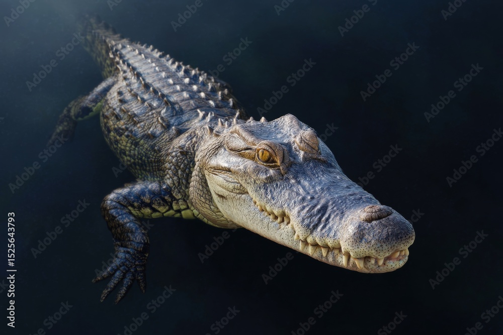 Fototapeta premium An alligator or crocodile with open mouth, showing teeth and tongue, swimming underwater