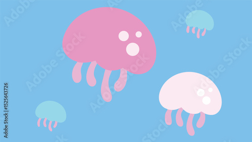 Whimsical cartoon jellyfish floating on a gentle blue ocean background in a simple illustration