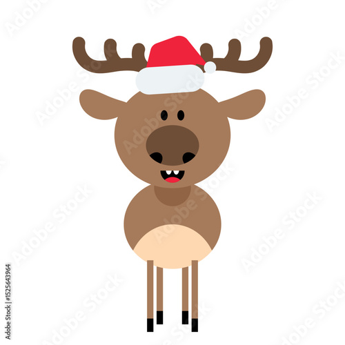 Cute cartoon reindeer in Santa hat, smiling and festive, flat vector illustration on white background.