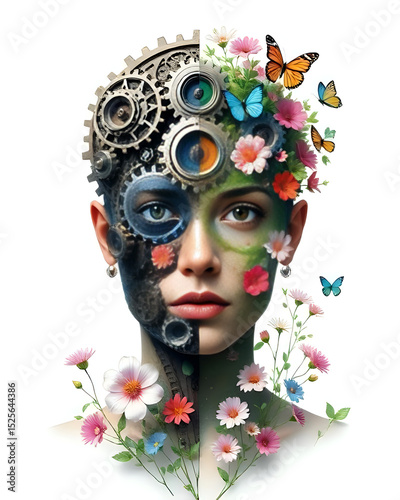 A Split-Face Portrait: One Half Mechanical Gears, the Other Half Nature with Flowers and Butterflies, Symbolizing Logic and Emotion