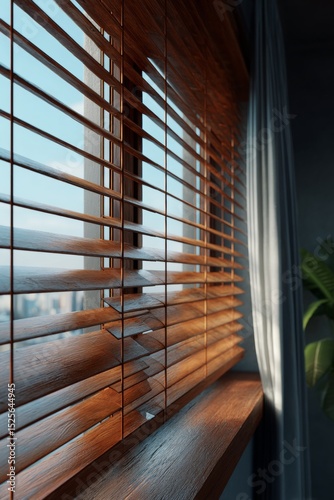 View from a window with closed blinds.