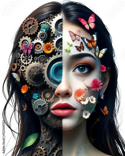 A Split-Face Portrait: One Half Mechanical Gears, the Other Half Nature with Flowers and Butterflies, Symbolizing Logic and Emotion