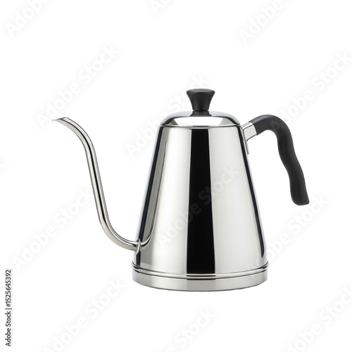 Ultra-realistic polished stainless steel modern electric gooseneck kettle with slender spout and sleek handle on a transparent isolated background with no shadows, showcasing its minimalist design,