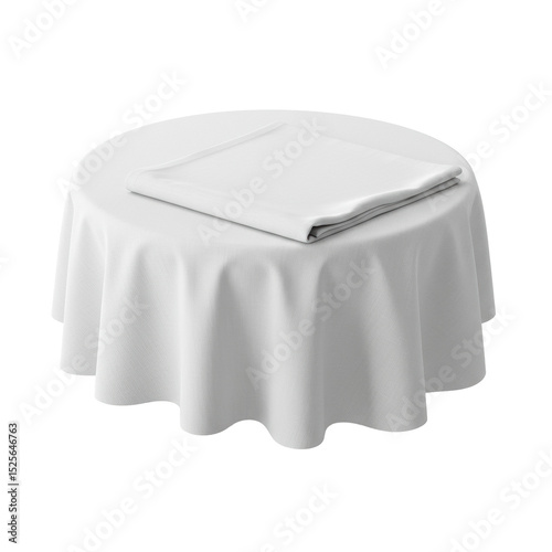 transparent, premium cotton round tablecloth, meticulously folded with sharp creases, on a seamless transparent studio background. Ultra-realistic product photography, 3/4 view, bright shadowless