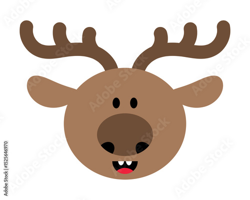 Funny cartoon reindeer head with antlers and smile, flat vector illustration on white background.