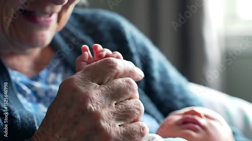 Hand-in-hand, Generations Unite: A close-up scene of an elderly hand tenderly holding the tiny hand of a newborn, embodying the warmth of connection and the passage of time.